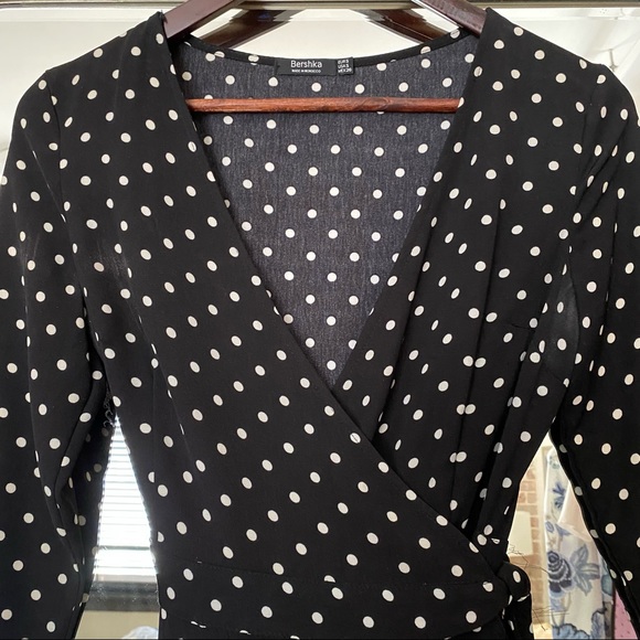 ASOS Bershka Polka Dot Long Sleeve Mini Wrap Dress - Picture 7 of 8